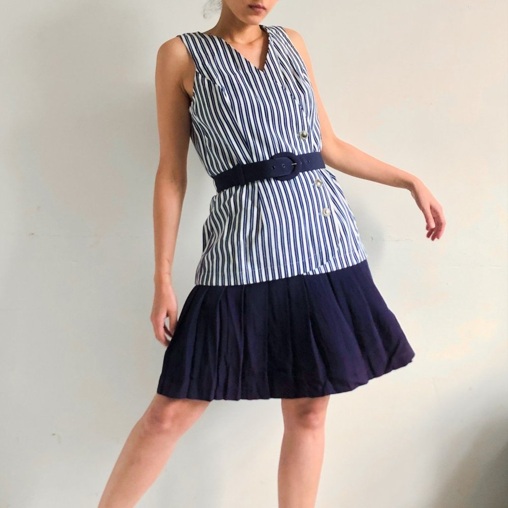 vintage navy blue striped button-down dress